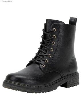 Lace Up Combat Ankle Boots Side Zip Low Heel Faux Leather Booties